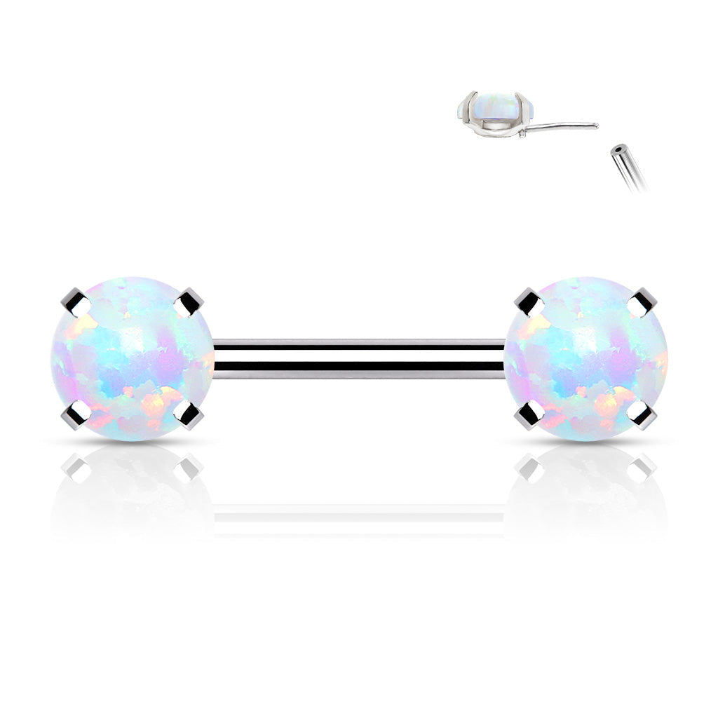 Surgical Steel Threadless Nipple Bar with Prong Set Opal Ends