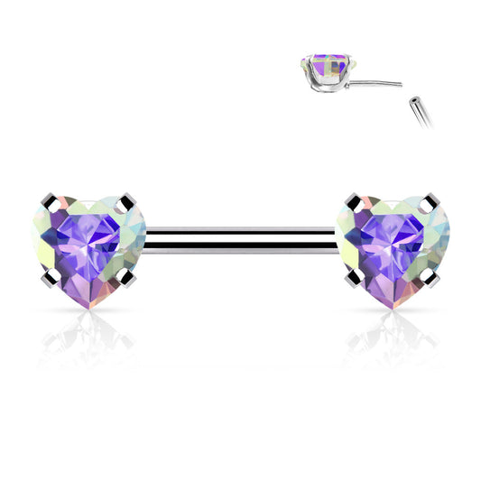 Threadless Surgical Steel Nipple Barbell Combo with Heart Gem Ends