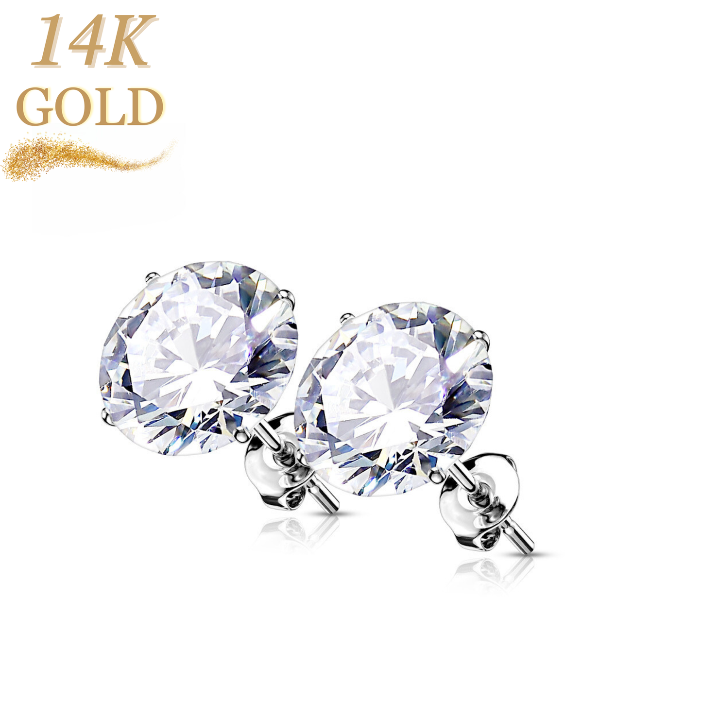 14K Gold Earrings with Round CZ in Prong Setting