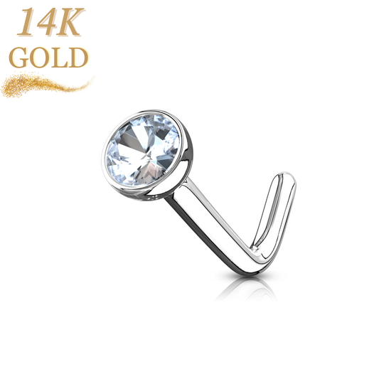14K Gold L Bend Nostril Stud with Bezel Set CZ Ball