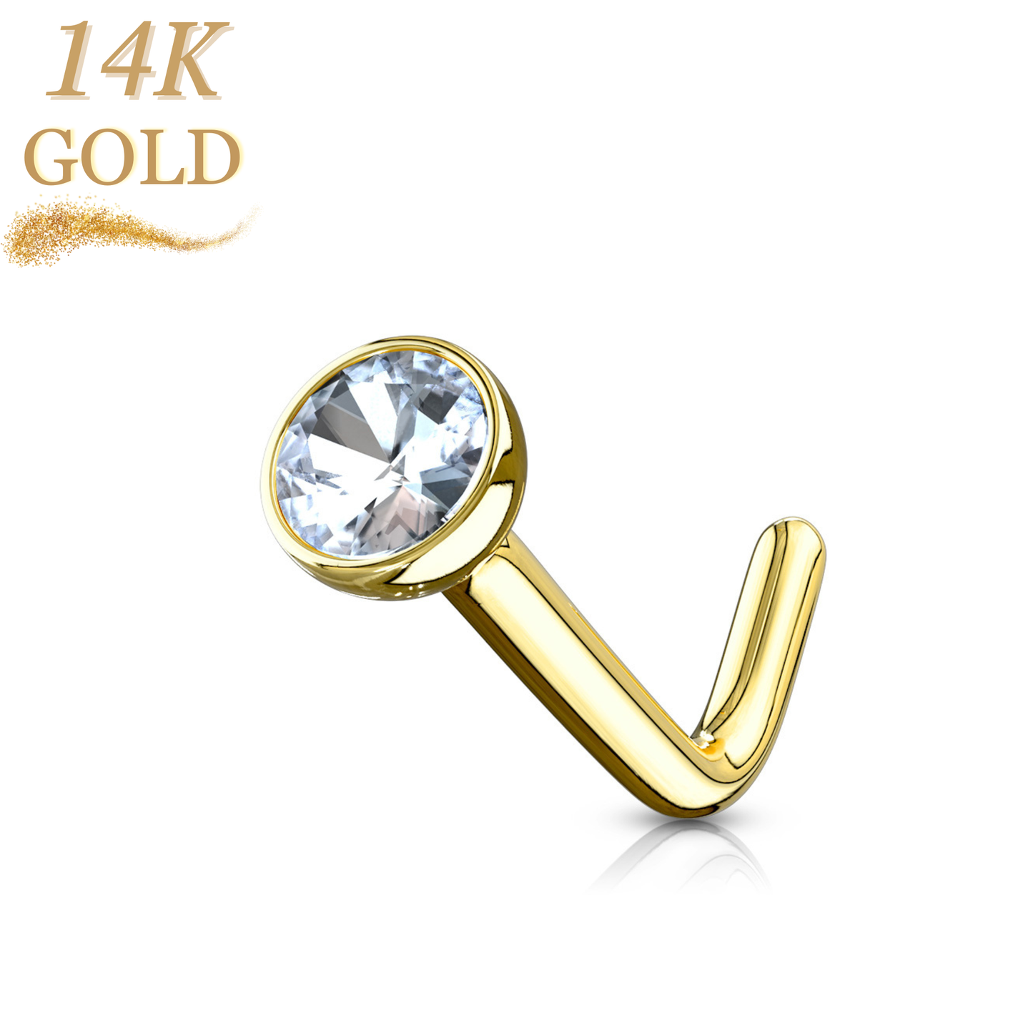 14K Gold L Bend Nostril Stud with Bezel Set CZ Ball