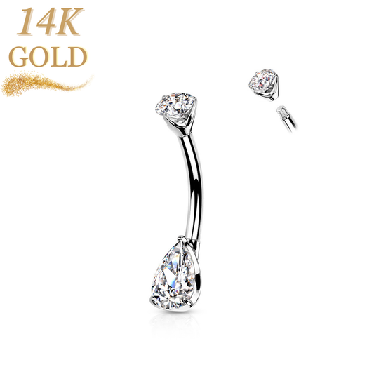 14K Gold Prong Set CZ Belly Banana with Teardrop/Pear Gem
