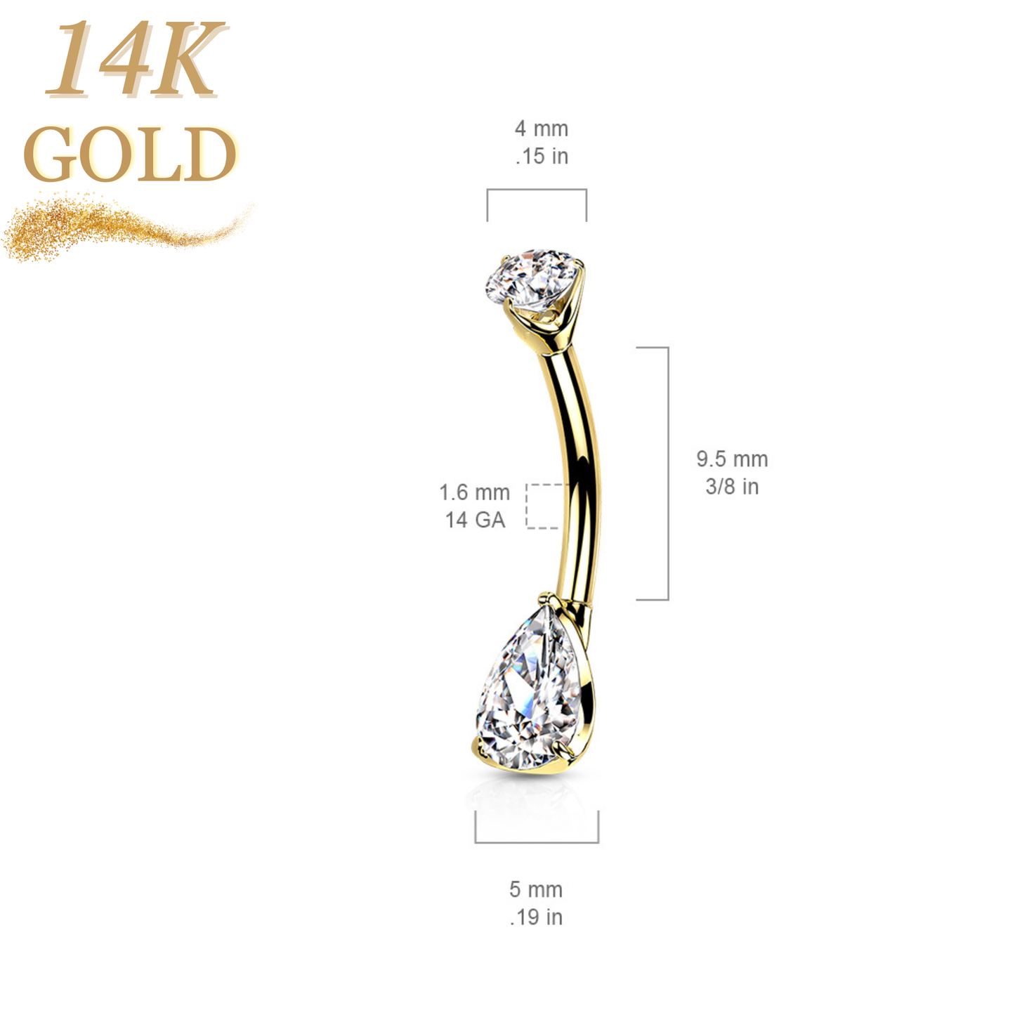 14K Gold Prong Set CZ Belly Banana with Teardrop/Pear Gem