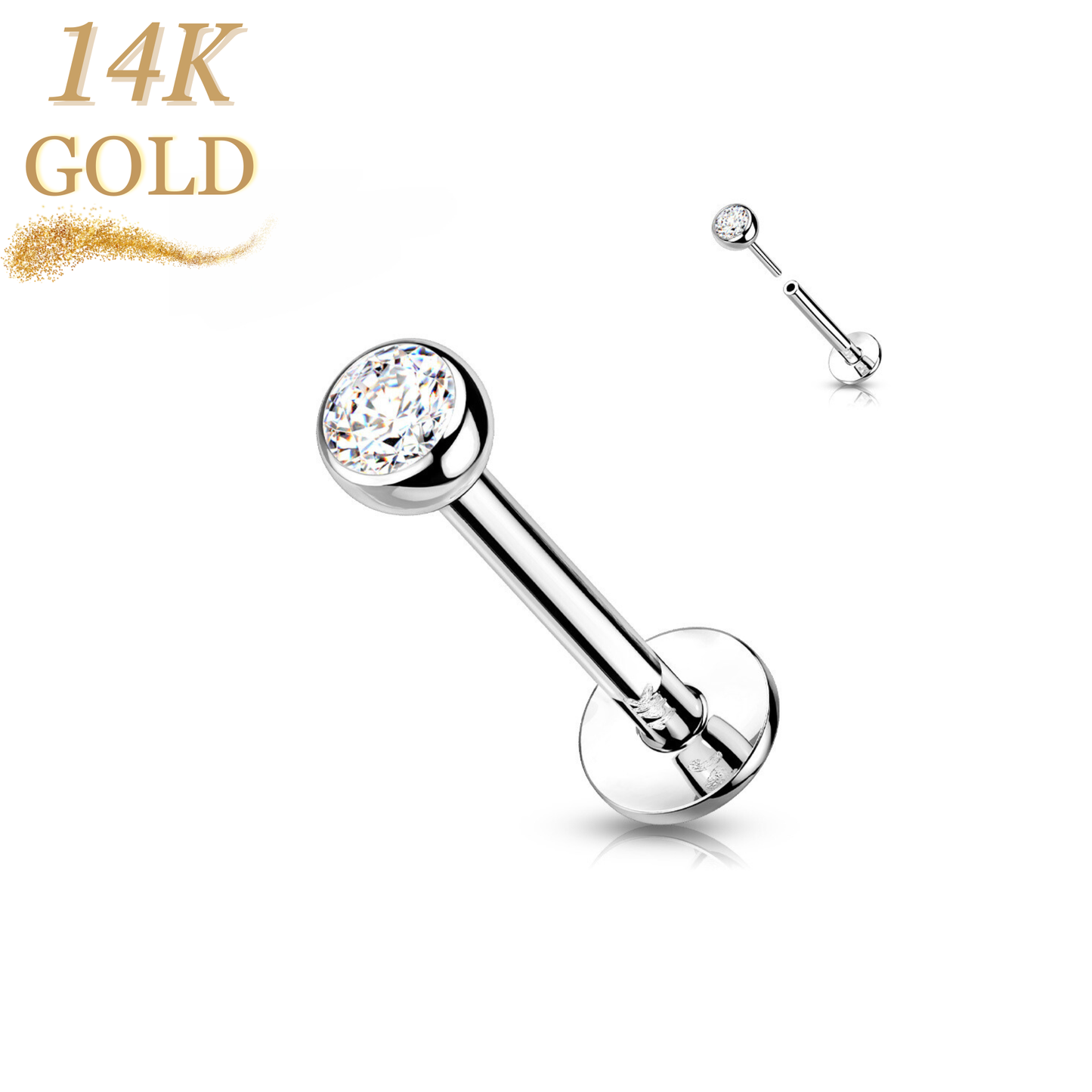 14K Gold Threadless Labret Combo with Bezel CZ Top