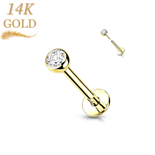 14K Gold Threadless Labret Combo with Bezel CZ Top
