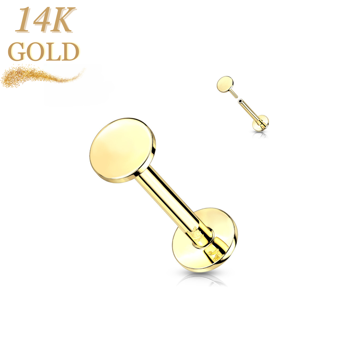 14K Solid Gold Threadless Labret Combo With Flat Disc Top