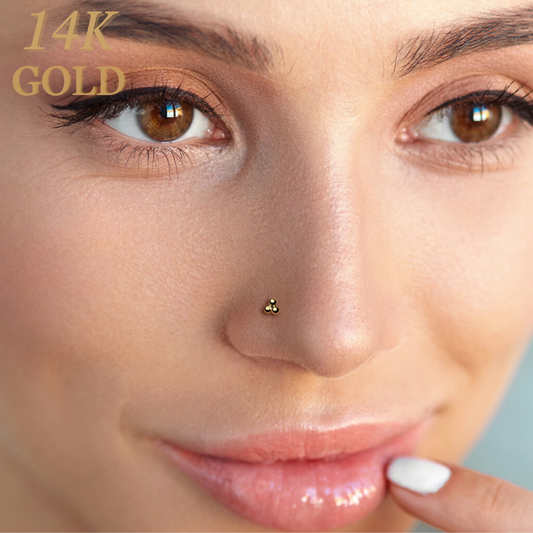 14K Gold Threadless Labret Combo for Nostril with Micro Triangular 3 Ball Cluster