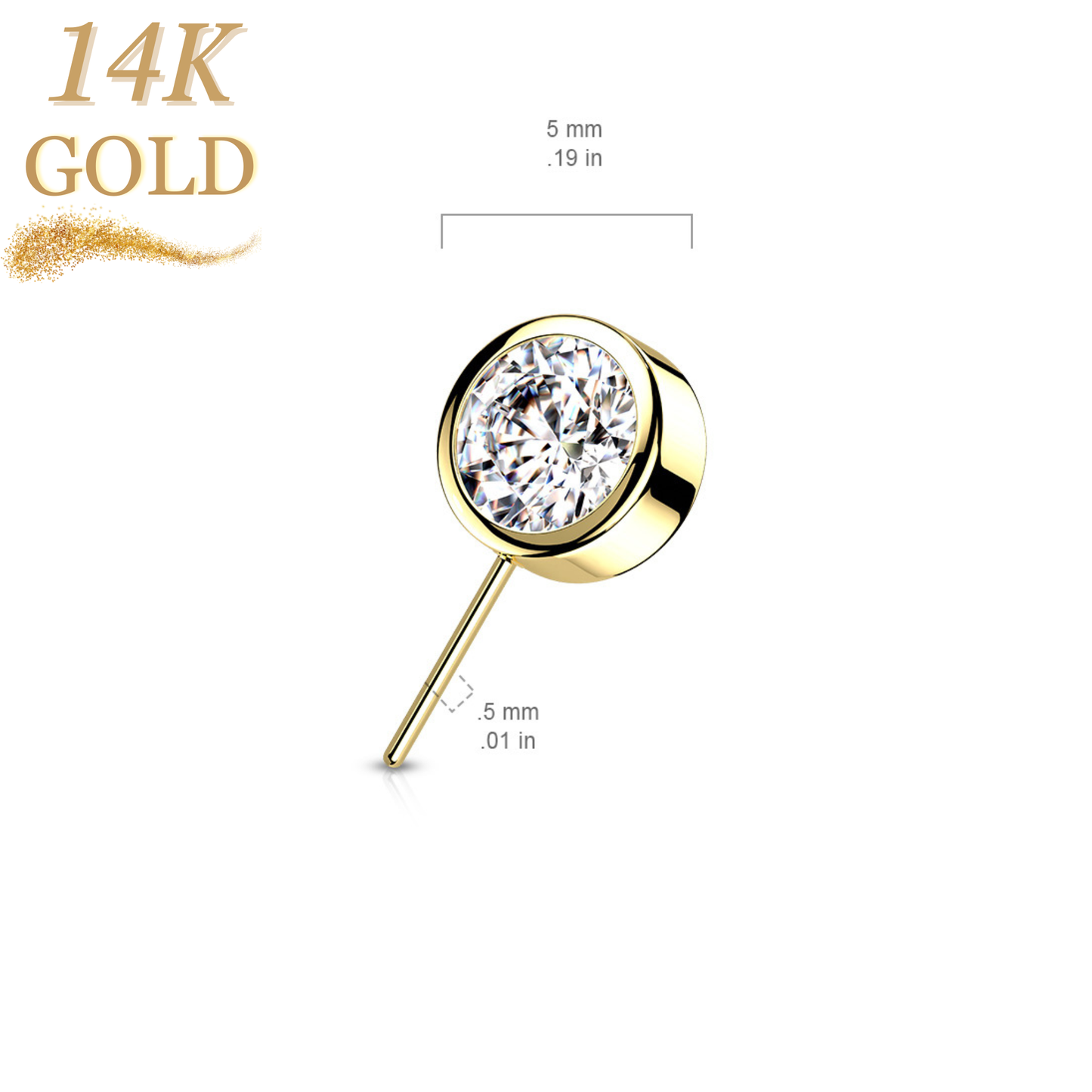 14K Gold Threadless Front Facing Bezel Set CZ Top Only