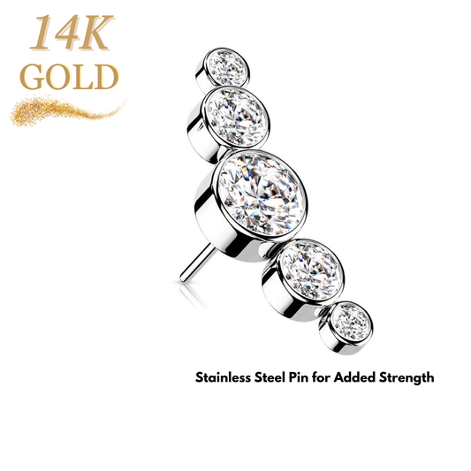 14K Gold Threadless Paved 5 CZ Bezel Set Curved (Top Only)
