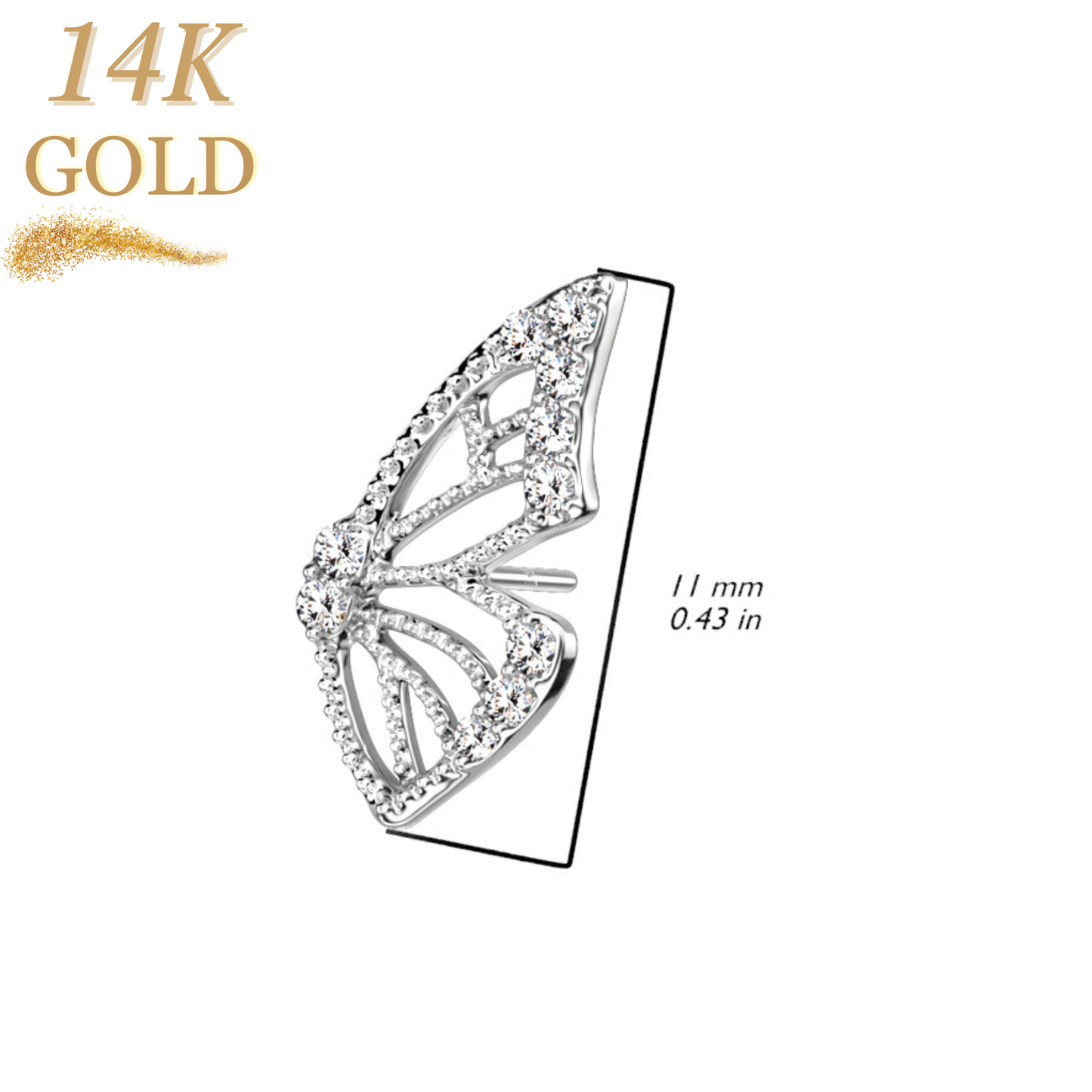 14K Gold Threadless Butterfly Wing with Paved CZ Left or Right Ear Top Only