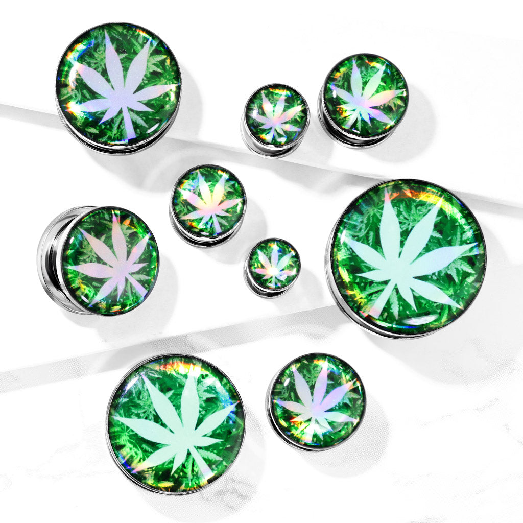 Pot Leaf Hologram Surgical Steel Screw Fit Plugs