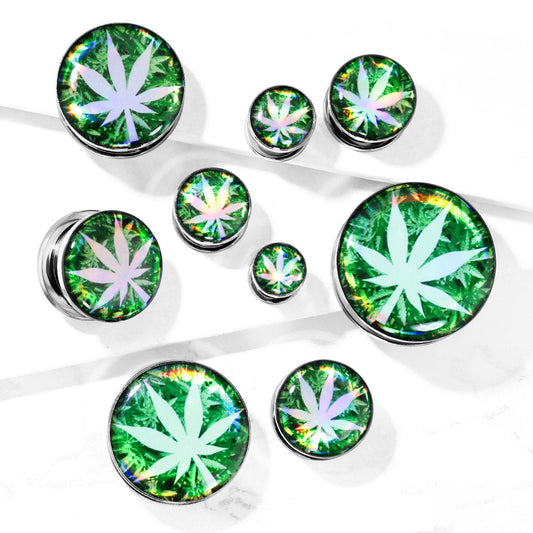 Pot Leaf Hologram Surgical Steel Screw Fit Plugs