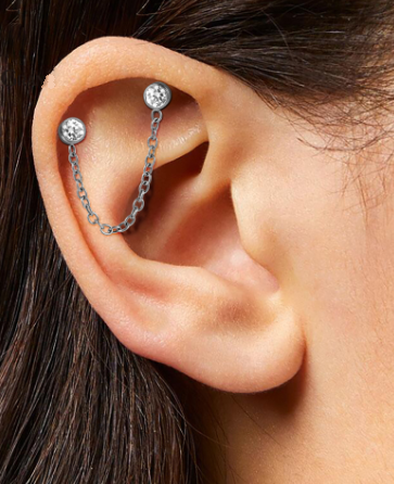 Titanium Threadless Double Helix CZ Bezel with Single Chain Drape Labret