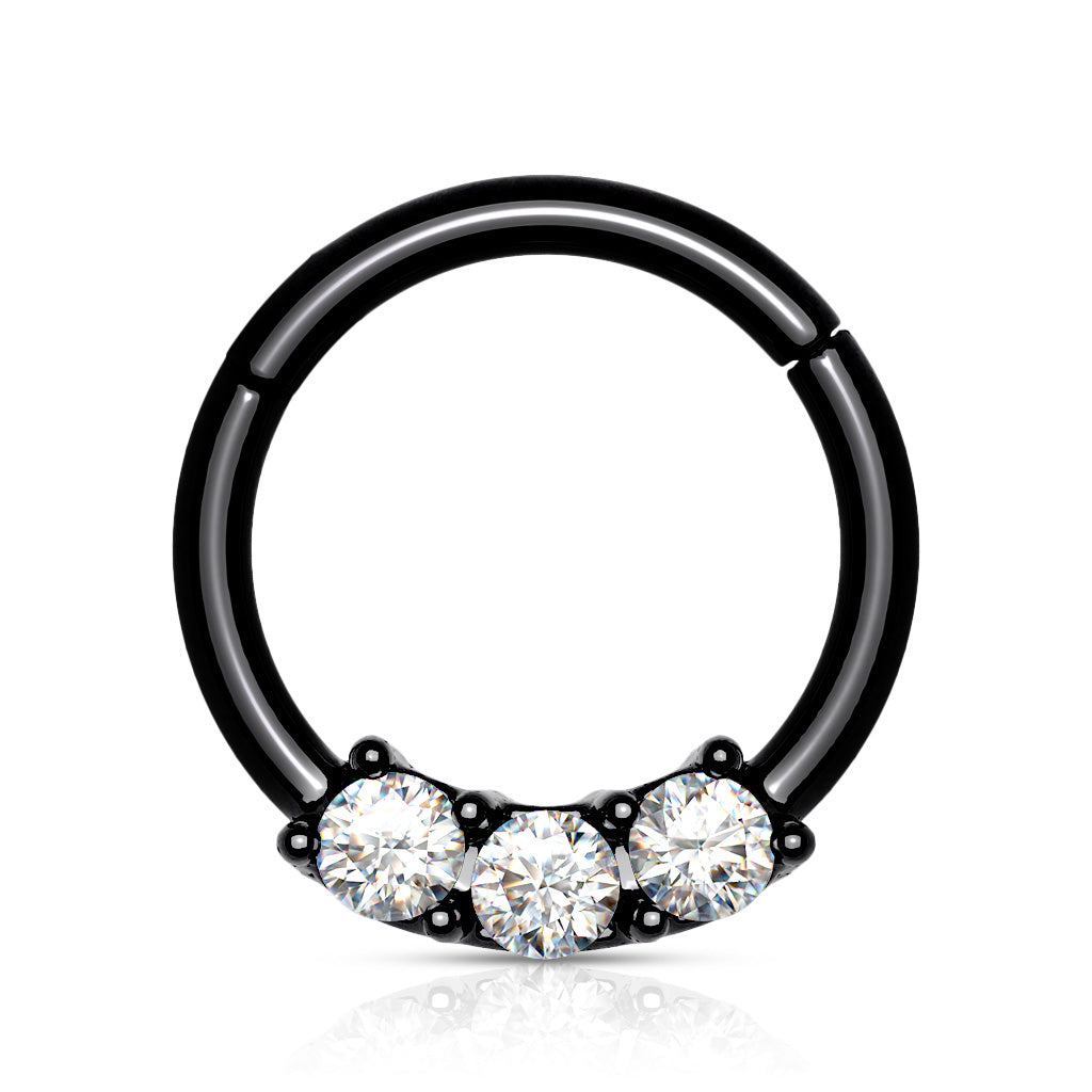 Surgical Steel Hinged Ring with Front Facing Prong Clasp 3 Gems