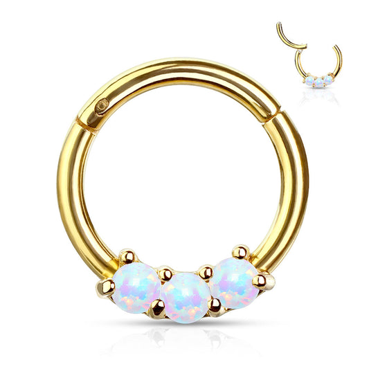 Surgical Steel Hinged Ring with Front Facing Prong Clasp 3 Opals