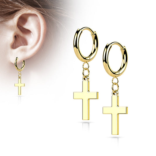 Surgical Steel Hinged Hoop Earrings with Cross Dangle