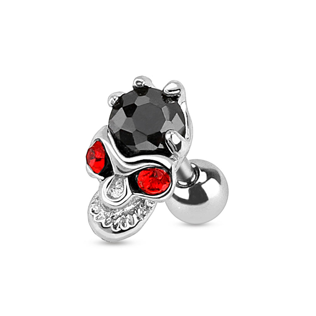 Red Eyed Skull with Hand Holding Black Gem Surgical Steel Cartilage Barbell