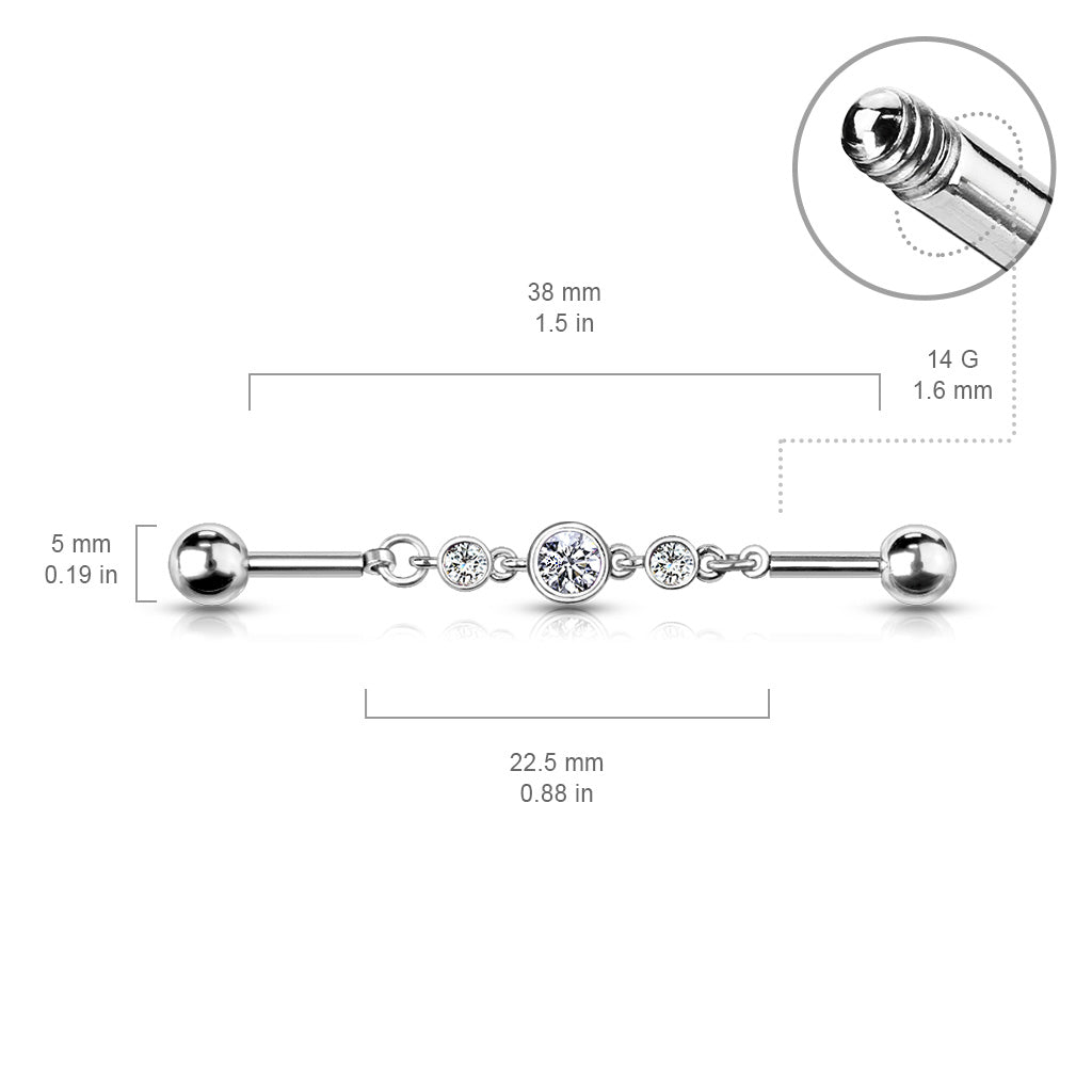 Surgical Steel External Thread Industrial with Triple Round CZ Chain Middle