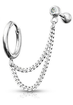 Surgical Steel Double Chain Cartilage Barbell to Hoop Stud