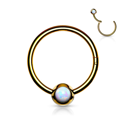 Surgical Steel Hinged Ring with Front Facing Single Opal Ball