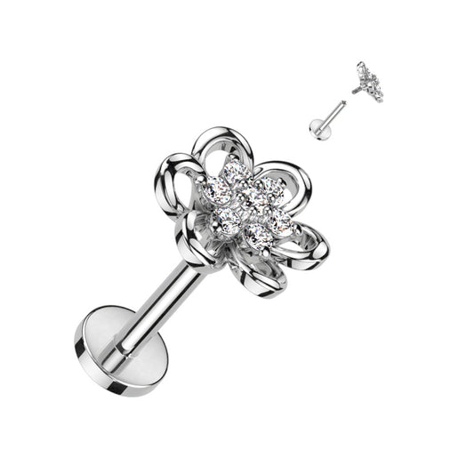 Surgical Steel Hollow Flower with CZ Center Internal Thread Labret