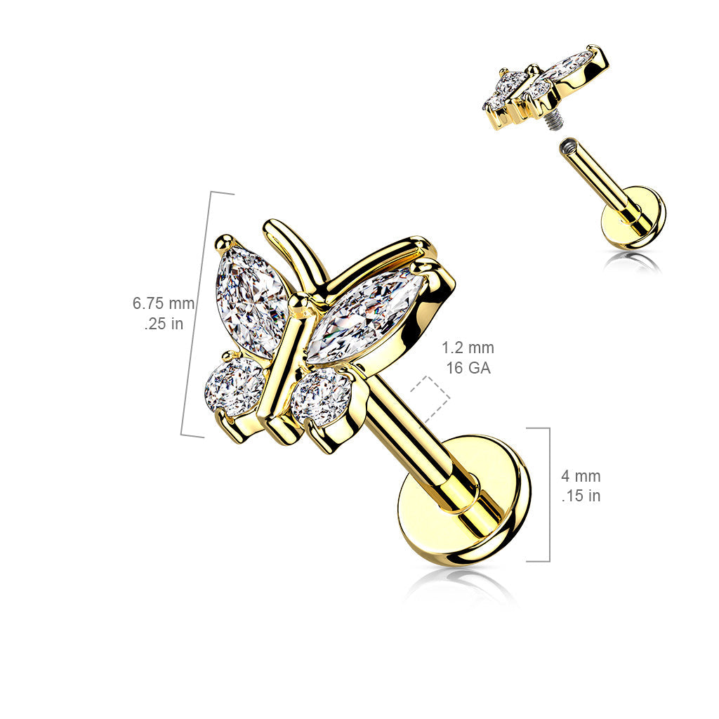 Surgical Steel CZ Butterfly with Antenna Internal Thread Labret