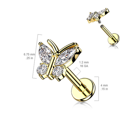 Surgical Steel CZ Butterfly with Antenna Internal Thread Labret (Clearance)