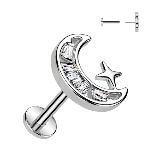 Surgical Steel Threadless with CZ Crescent Moon Top Labret Combo