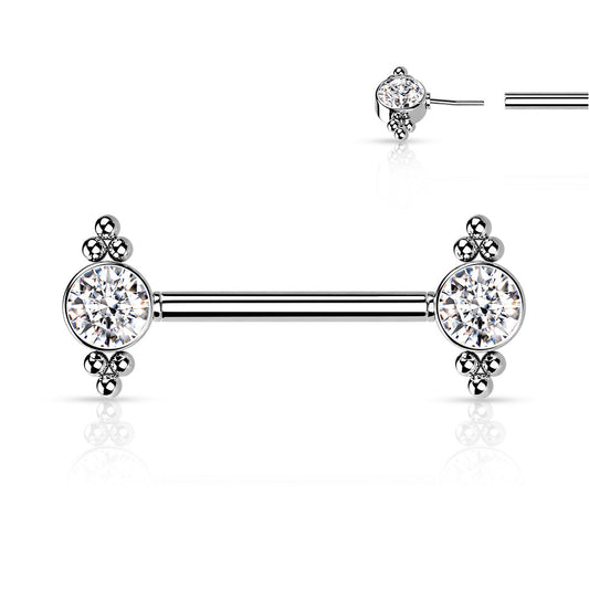 Surgical Steel Threadless Nipple Bar with CZ and Ball Cluster Ends