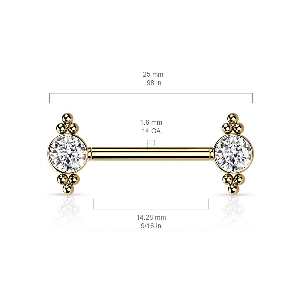 Surgical Steel Threadless Nipple Bar with CZ and Ball Cluster Ends