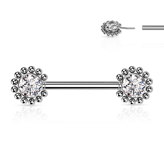 Surgical Steel Threadless Nipple Bar with Beaded Ball Edge and CZ Centre Ends