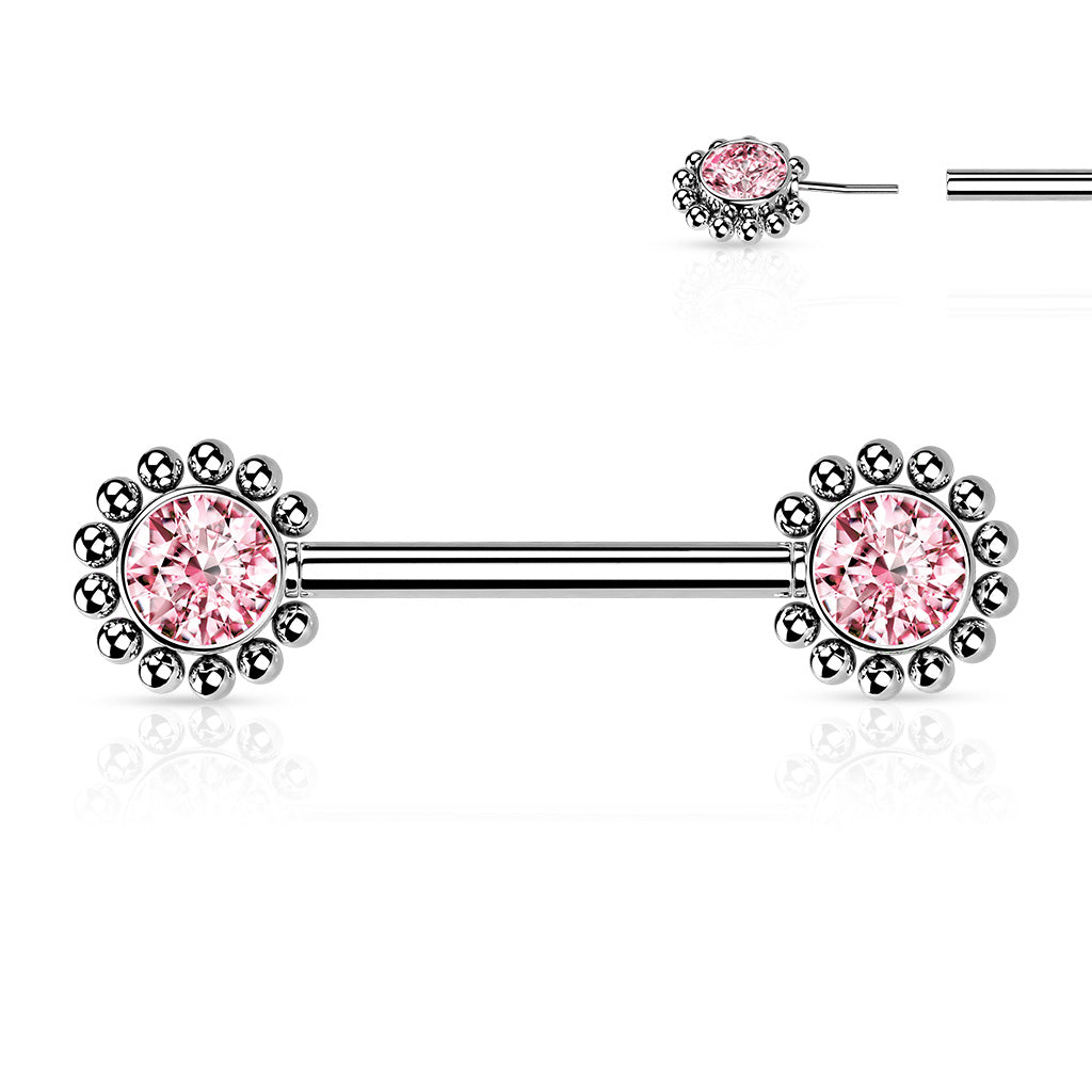 Surgical Steel Threadless Nipple Bar with Beaded Ball Edge and CZ Centre Ends