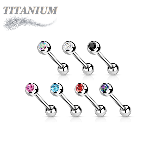 Tongue Titanium Barbell with One Bezel Gem and One Fixed Ball External Thread
