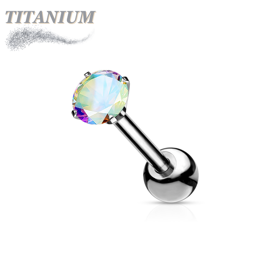 Titanium Cartilage Barbell with Prong Set CZ Externally Threaded