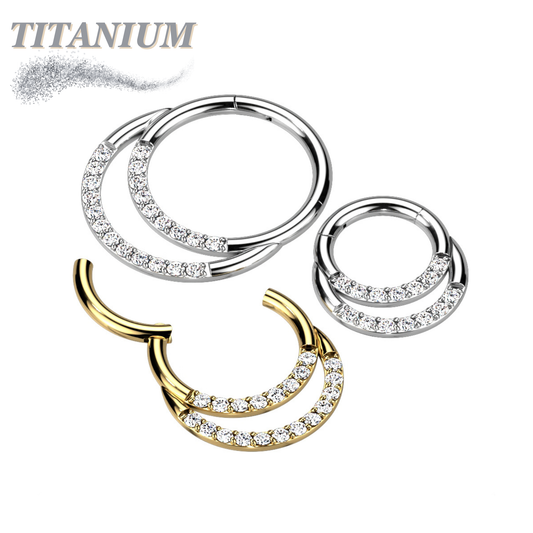 Titanium Double Ring Front Facing Cubic Zirconia Hinged Ring