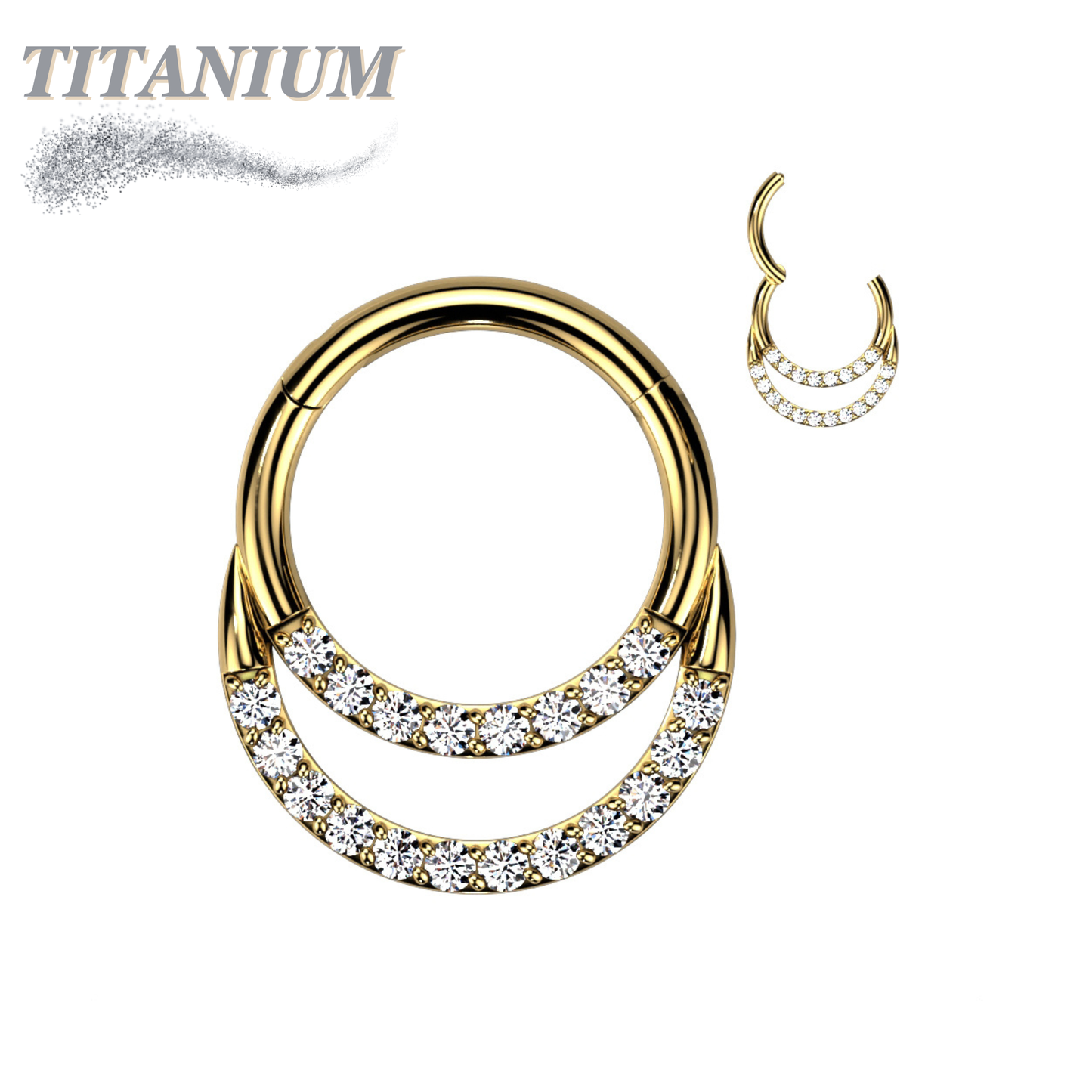 Titanium Double Ring Front Facing Cubic Zirconia Hinged Ring