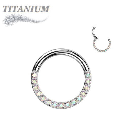 Titanium Hinged Ring with CNC Set CZ/Pearl Lined Paved Front