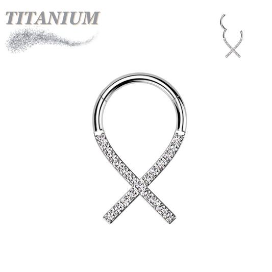 Titanium Hinged Cancer Ribbon Ring Lined with CZ