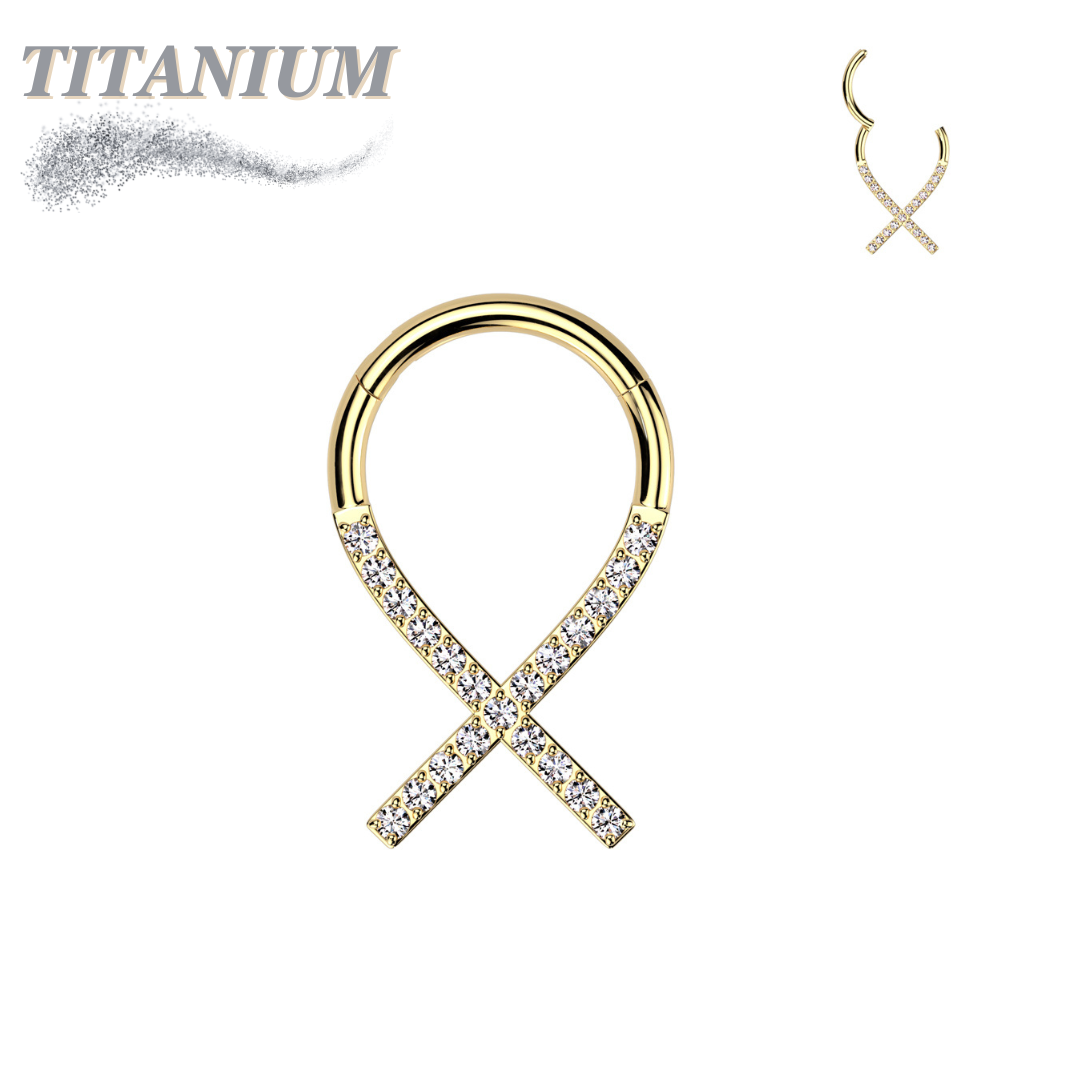 Titanium Hinged Cancer Ribbon Ring Lined with CZ