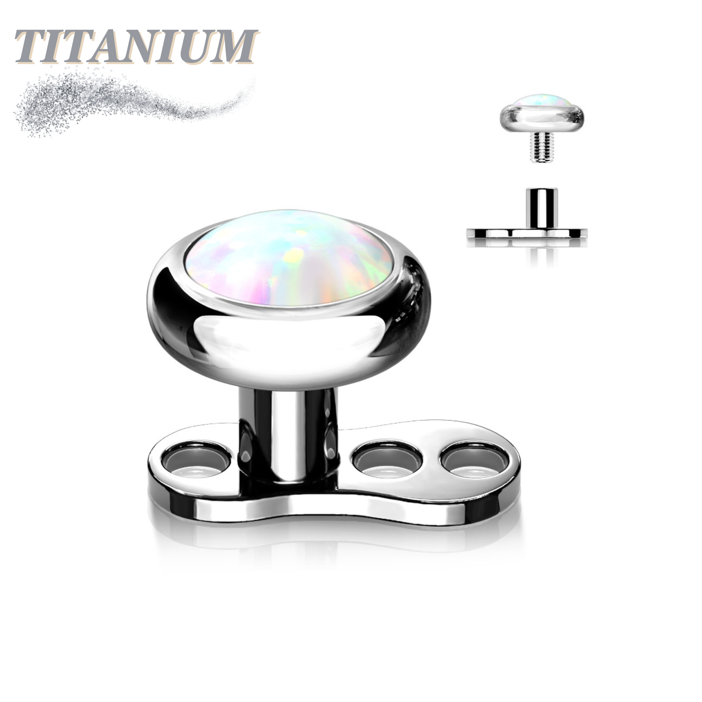 Titanium 16G 3 Hole Dermal Anchor with 2mm Rise and Titanium Flat Round 4mm Opal Top