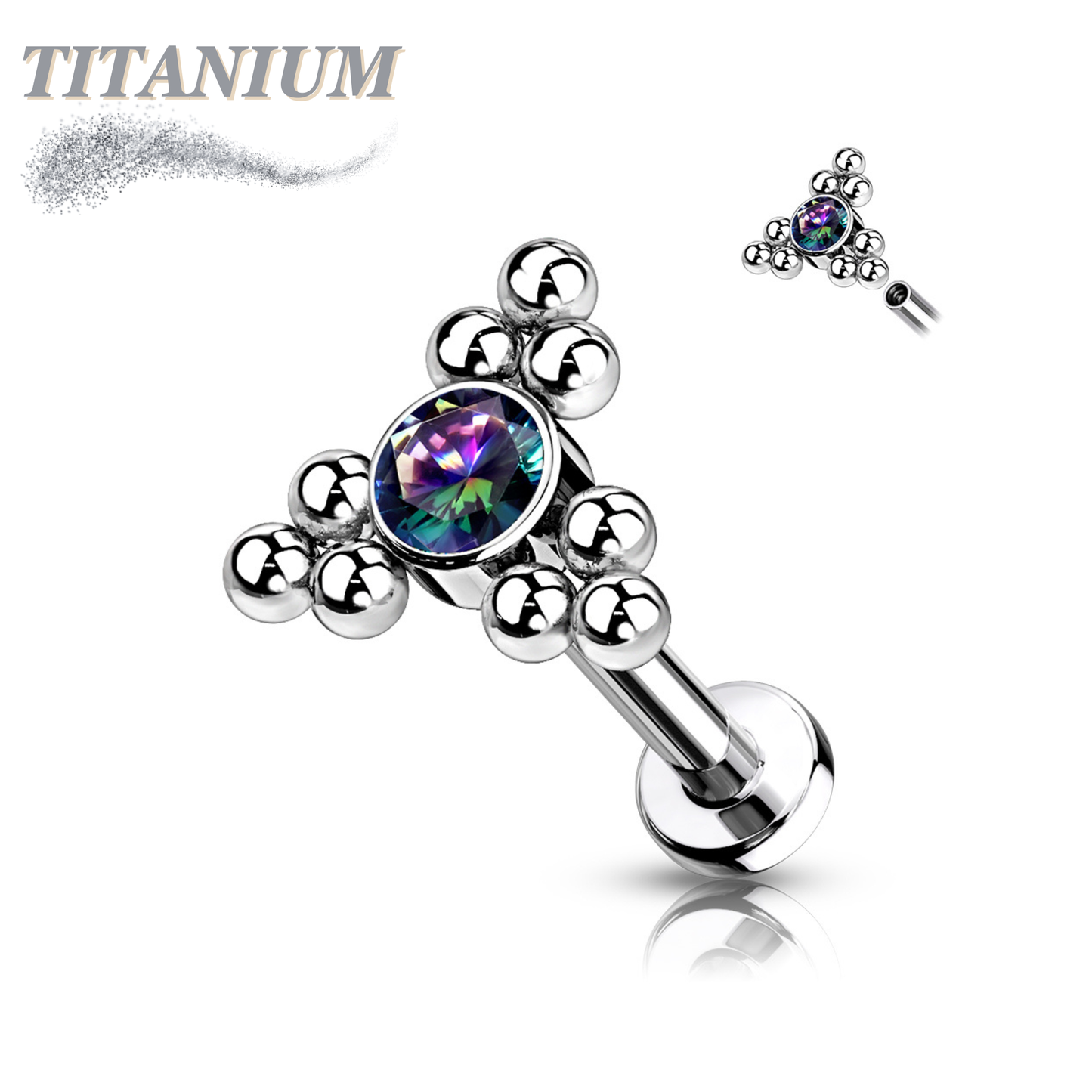 Titanium Internal Thread Labret Single CZ with Triple Ball Clusters