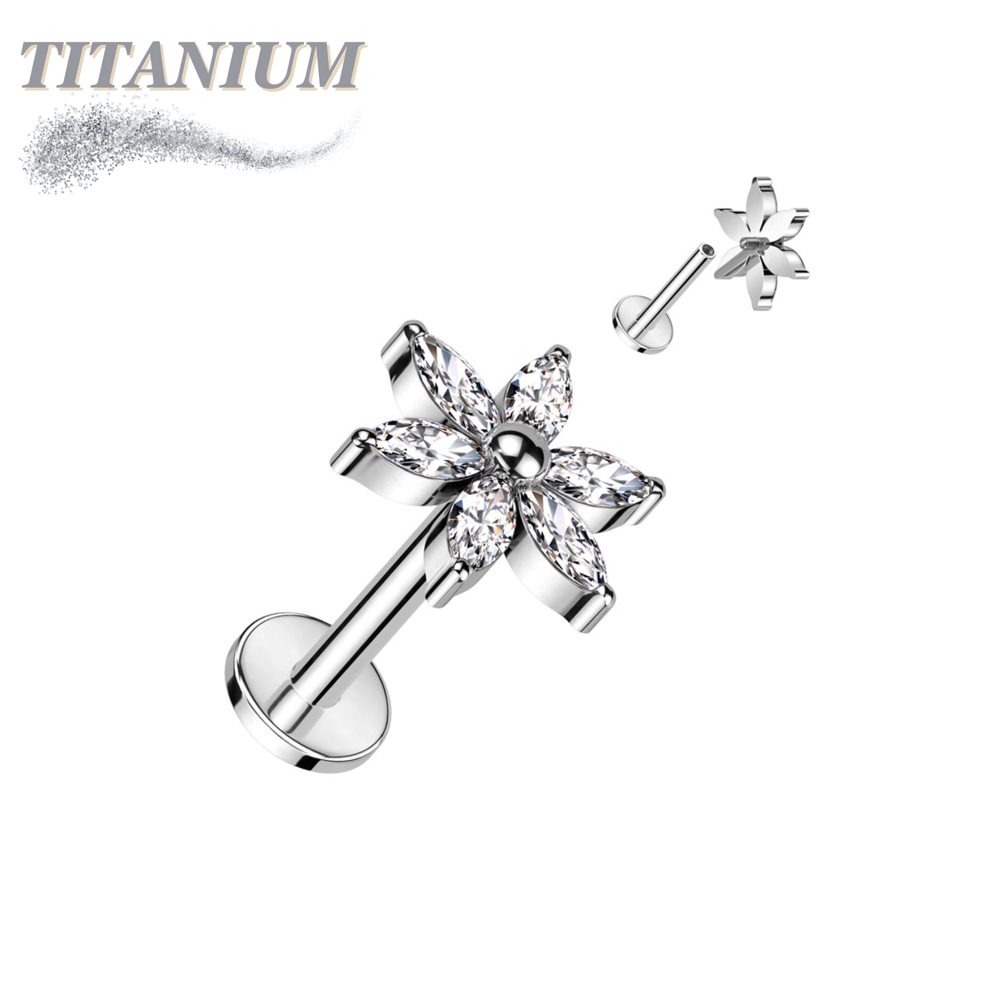 Titanium Internally Threaded 6 Petal Marquise Flower Labret