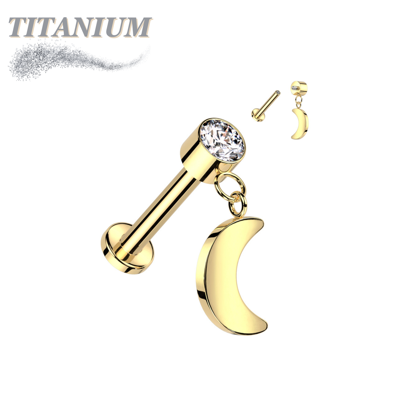 Titanium Internal Thread Labret with CZ and Crescent Moon Dangle