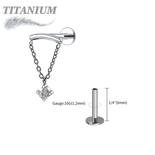 Titanium Hidden Helix Round CZ Dangle on Single Chain Drape Internal Thread Labret