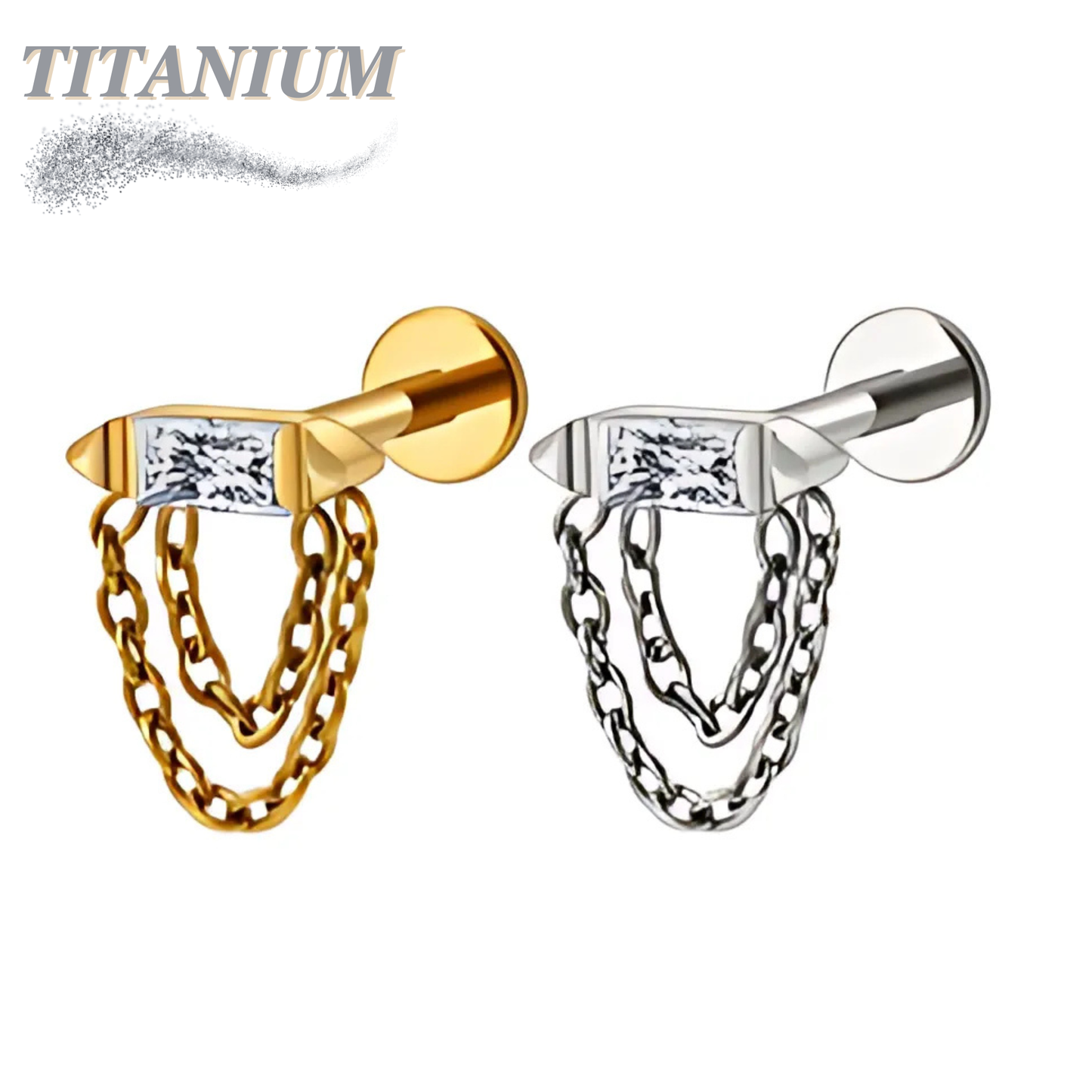 Titanium Hidden Helix Baguette CZ Bar with Double Chain Drape Labret