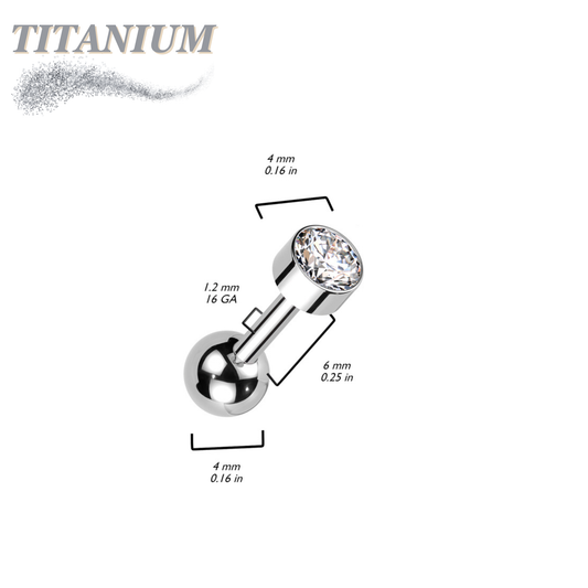 Titanium Cartilage Barbell with Premium Round Bezel Set CZ Internal Thread