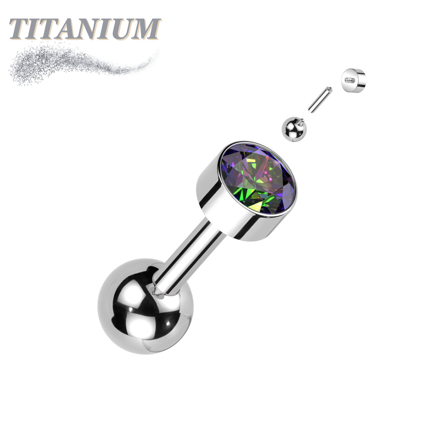 Titanium Cartilage Barbell with Premium Round Bezel Set CZ Internal Thread