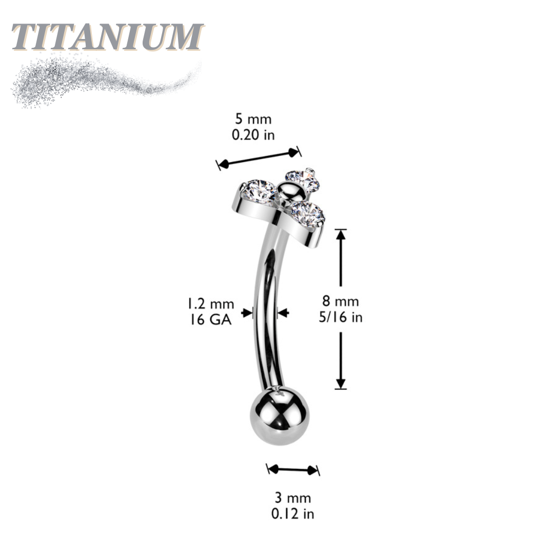 Titanium Curved Barbell with One Fixed Plain Ball and Threadless Prong Set Trinity CZ Top