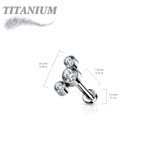 Threadless Titanium Flat Back Labret Combo with 3 CZ Bezel Curve Top