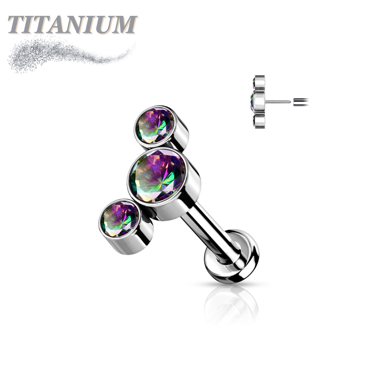 Threadless Titanium Flat Back Labret Combo with 3 CZ Bezel Curve Top